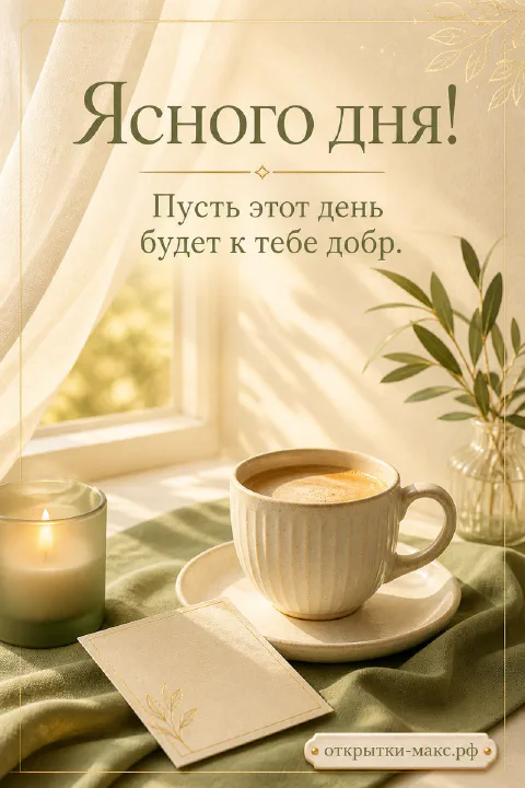Белая чашка кофе у солнечного окна, горящая свеча и ваза с зеленью, надпись Ясного дня
