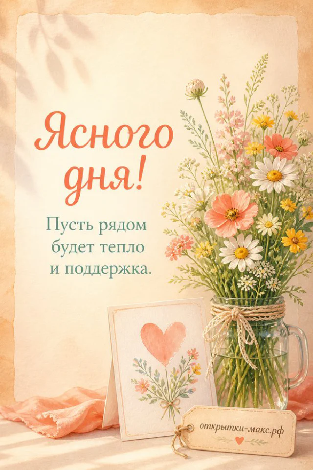 Карточка с надписью Ясного дня между двух кружек кофе, золотое бумажное сердце на льняной ткани — вариант 2