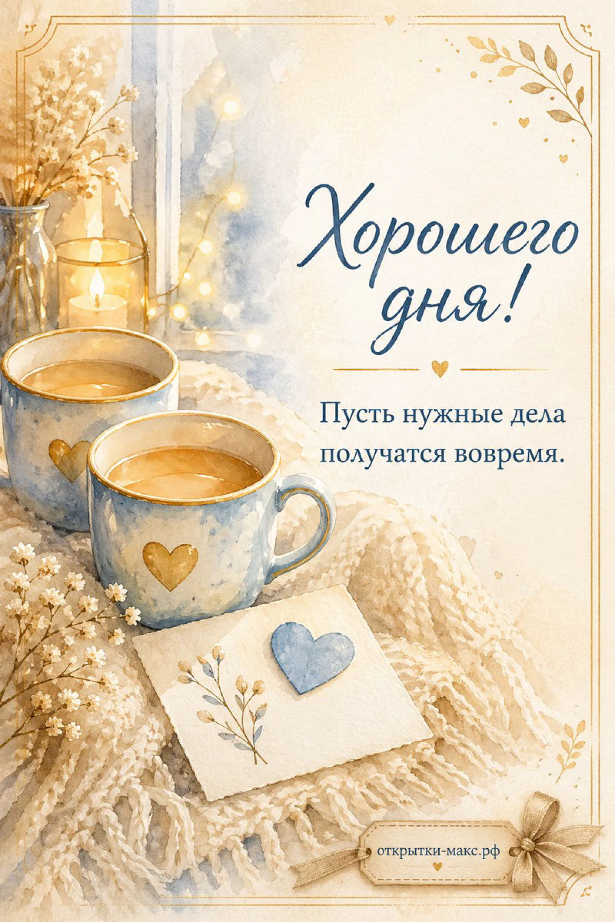 Две голубые чашки кофе с сердечками, свеча и конверт на вязаном пледе с надписью Хорошего дня