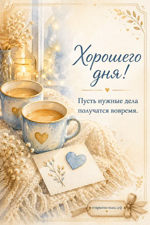 Две голубые чашки кофе с сердечками, свеча и конверт на вязаном пледе с надписью Хорошего дня