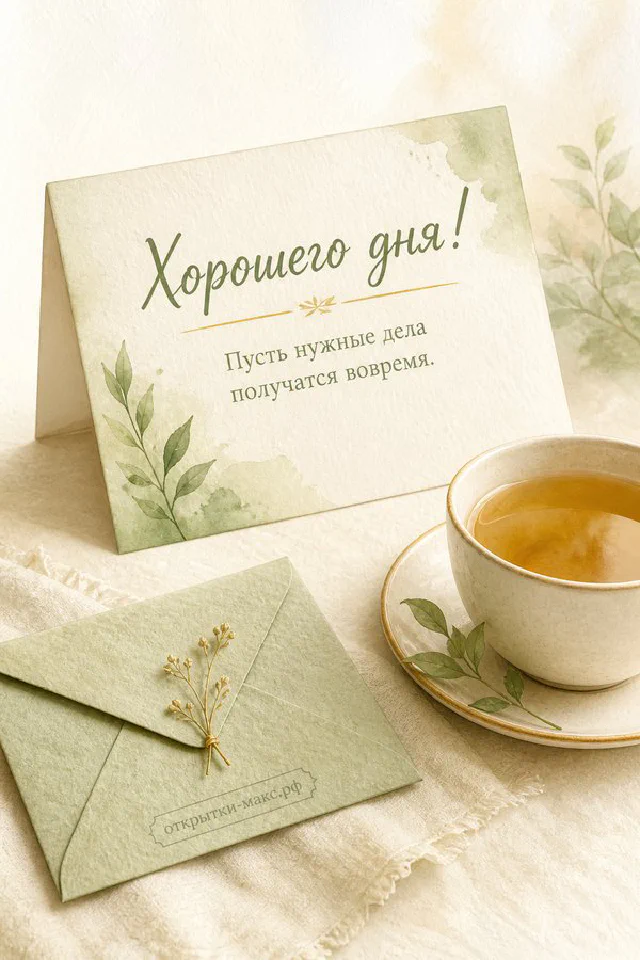 Две голубые чашки кофе с сердечками, свеча и конверт на вязаном пледе с надписью Хорошего дня — вариант 3