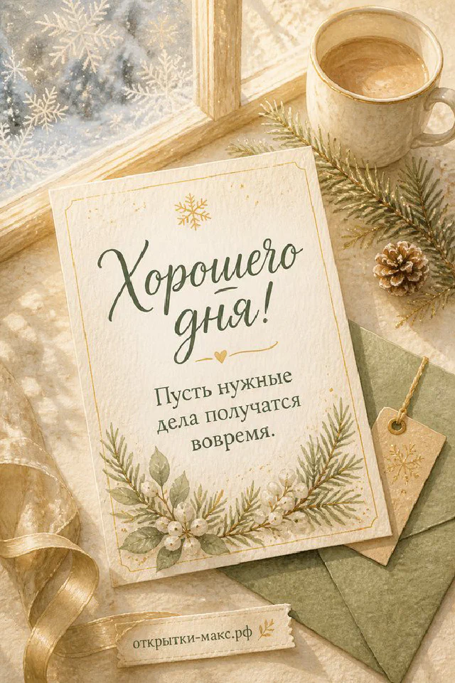 Две голубые чашки кофе с сердечками, свеча и конверт на вязаном пледе с надписью Хорошего дня — вариант 4