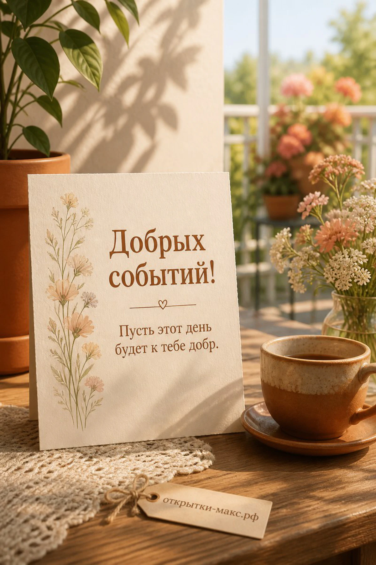 Открытка с рисунком полевых цветов и кружка кофе на деревянном столе на фоне летнего балкона с садом