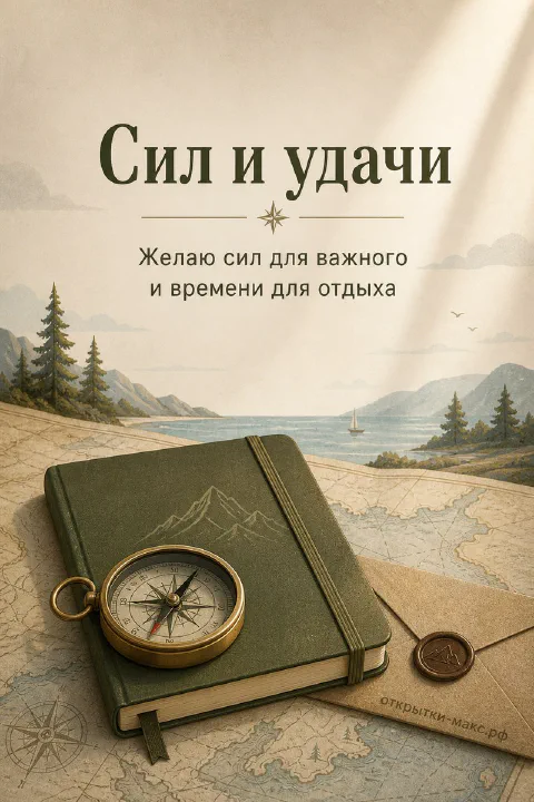 Открытка с латунным компасом и зелёным блокнотом на старинной карте с конвертом на светлом фоне