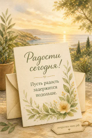 Открытка с конвертом и жёлтым цветком на фоне морского заката и зелёных деревьев