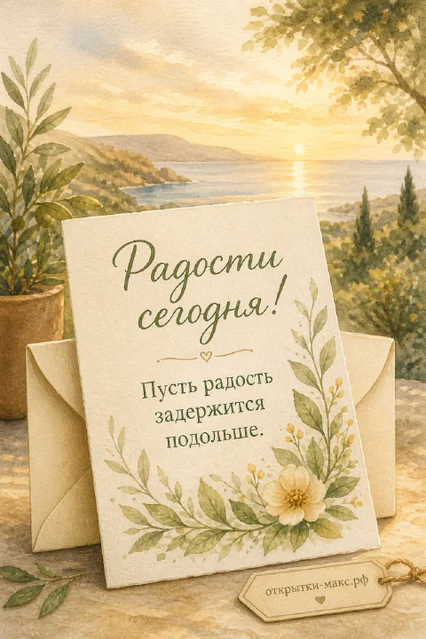 Открытка с конвертом и жёлтым цветком на фоне морского заката и зелёных деревьев