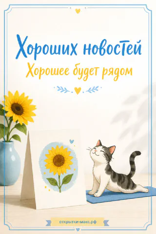 Рыжий кот смотрит на открытку с нарисованным подсолнухом с надписью Хороших новостей