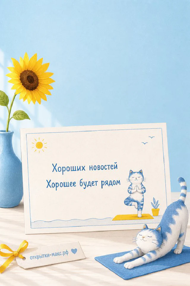 Рыжий кот смотрит на открытку с нарисованным подсолнухом с надписью Хороших новостей — вариант 3
