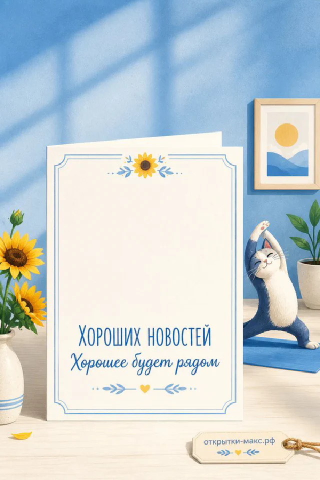 Рыжий кот смотрит на открытку с нарисованным подсолнухом с надписью Хороших новостей — вариант 4