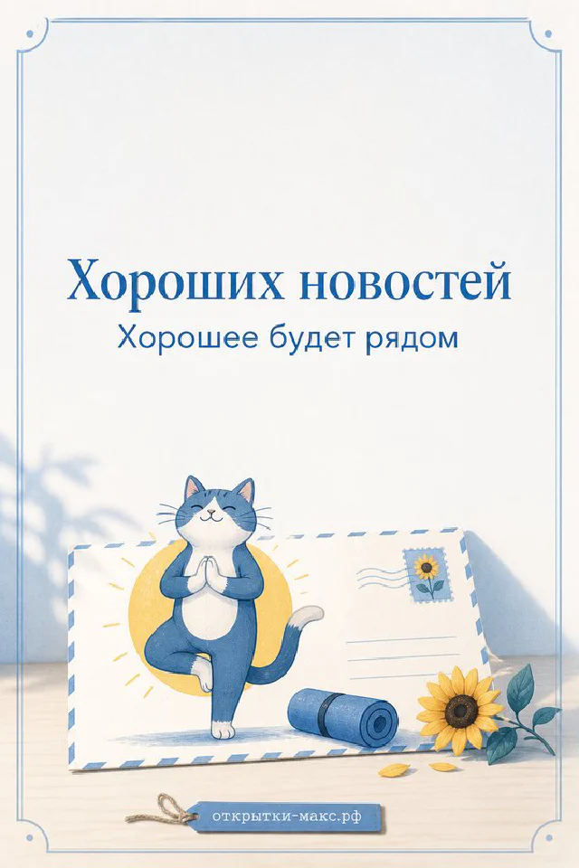 Рыжий кот смотрит на открытку с нарисованным подсолнухом с надписью Хороших новостей — вариант 5