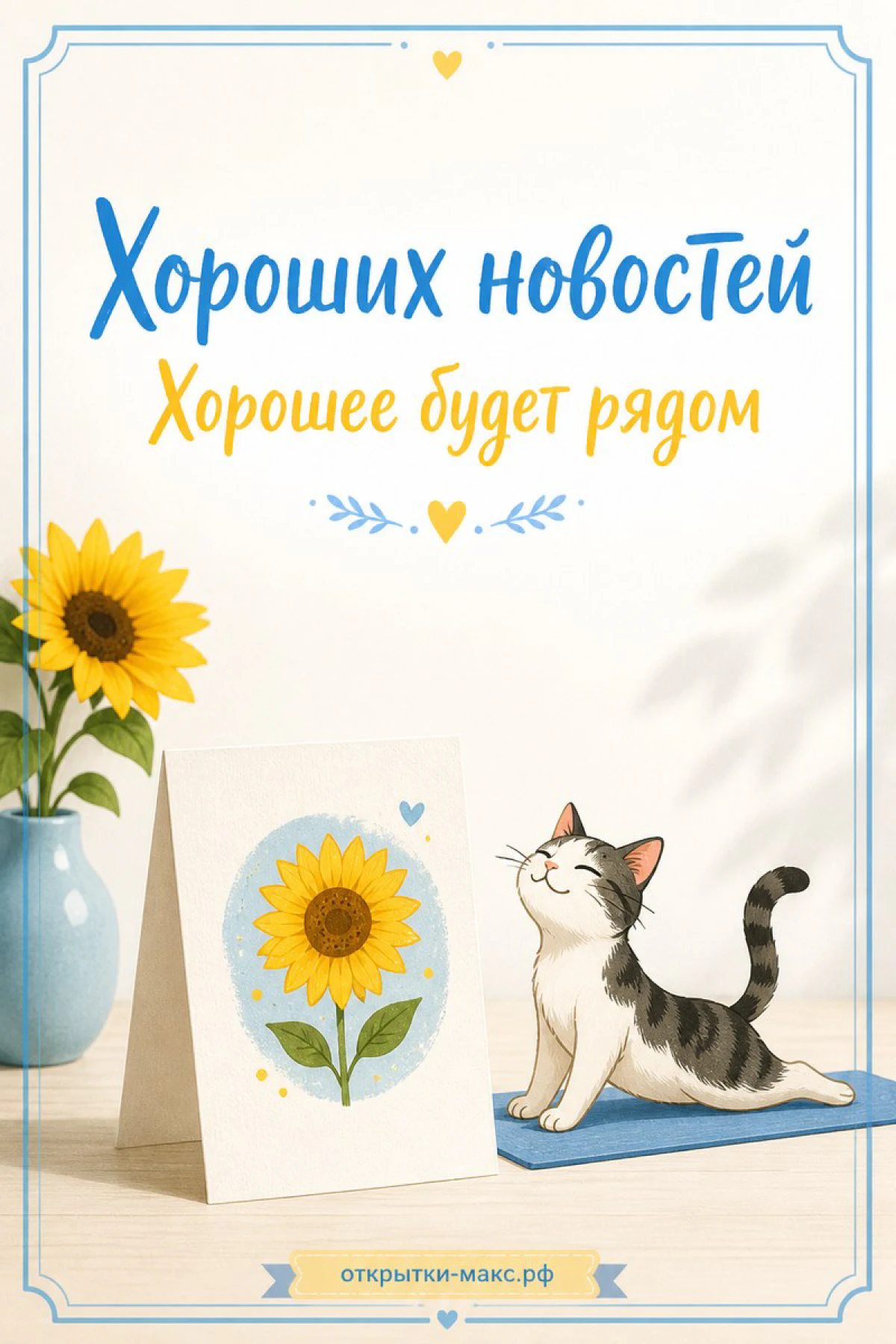 Рыжий кот смотрит на открытку с нарисованным подсолнухом с надписью Хороших новостей