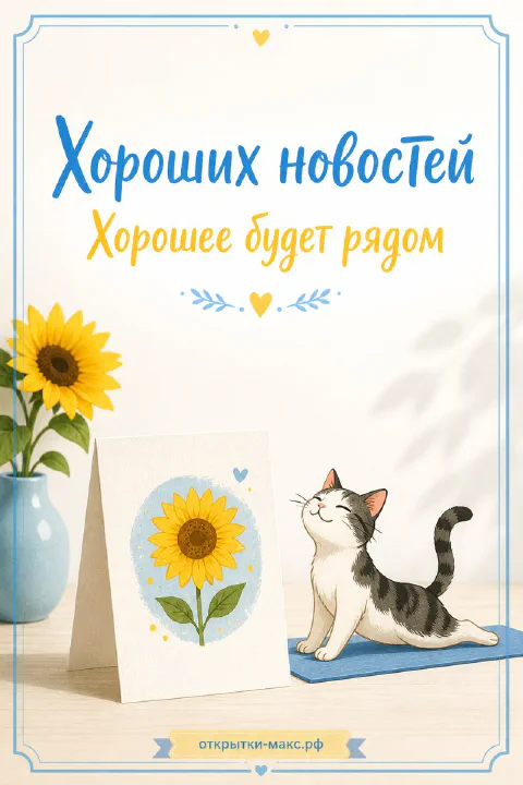 Рыжий кот смотрит на открытку с нарисованным подсолнухом с надписью Хороших новостей