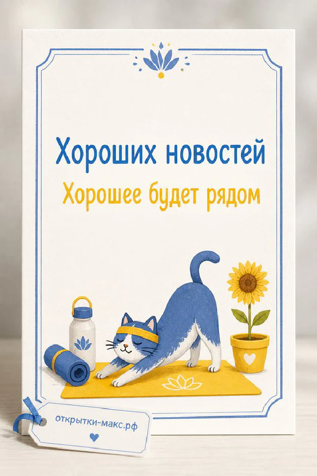 Рыжий кот смотрит на открытку с нарисованным подсолнухом с надписью Хороших новостей — вариант 2
