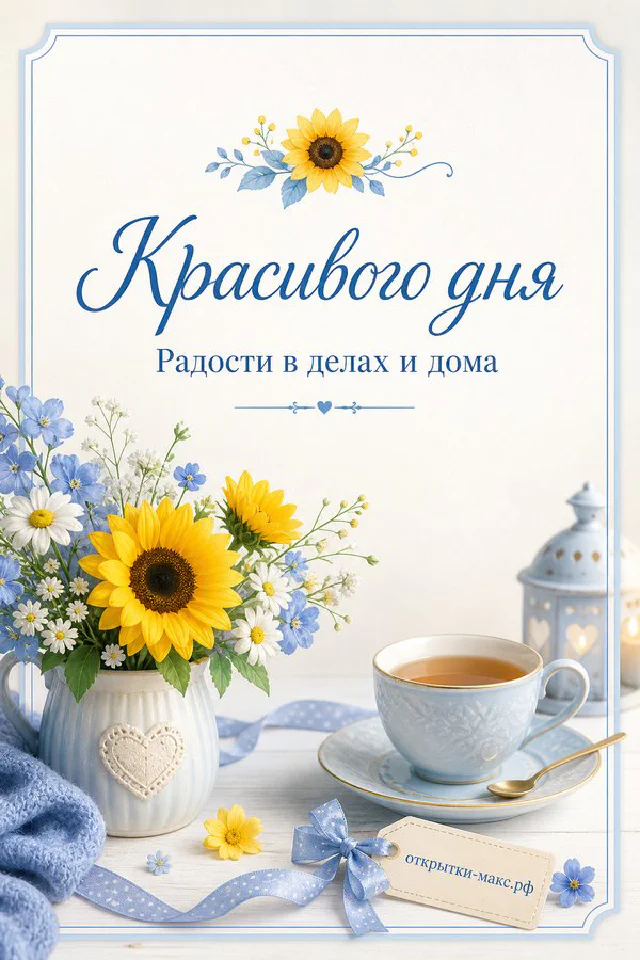 Открытка «Красивого дня» с жёлтыми подсолнухами, голубым пледом и плюшевым мишкой — вариант 2