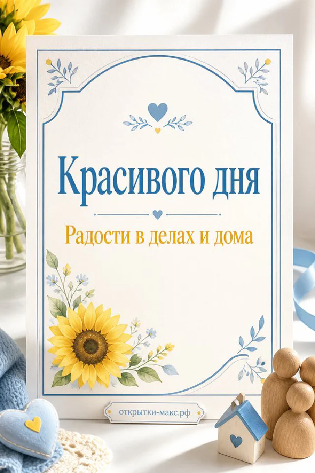 Открытка «Красивого дня» с жёлтыми подсолнухами, голубым пледом и плюшевым мишкой — вариант 4