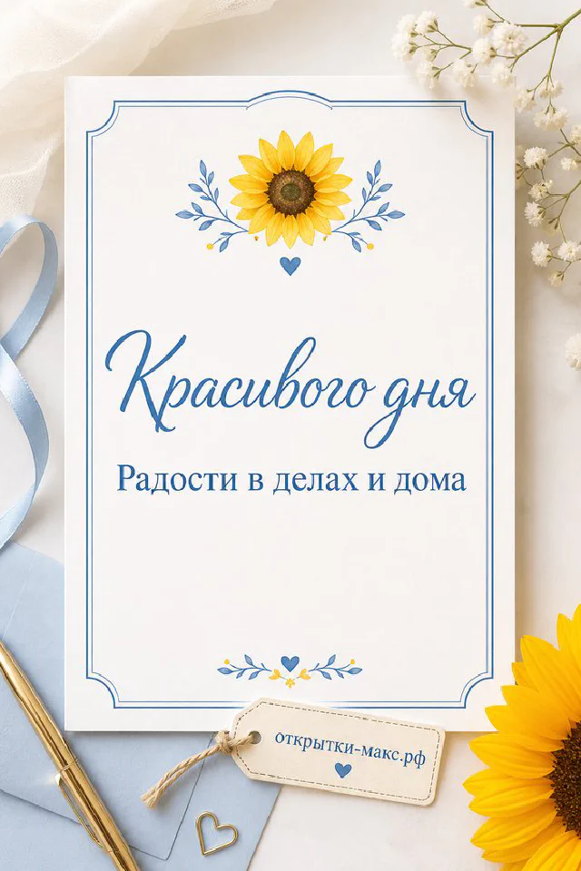 Открытка «Красивого дня» с жёлтыми подсолнухами, голубым пледом и плюшевым мишкой — вариант 7
