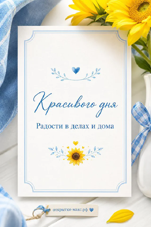 Открытка «Красивого дня» с жёлтыми подсолнухами, голубым пледом и плюшевым мишкой — вариант 8