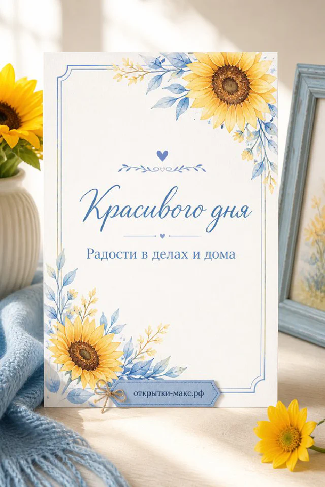 Открытка «Красивого дня» с жёлтыми подсолнухами, голубым пледом и плюшевым мишкой — вариант 3