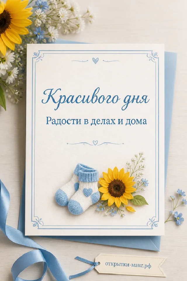 Открытка «Красивого дня» с жёлтыми подсолнухами, голубым пледом и плюшевым мишкой — вариант 5