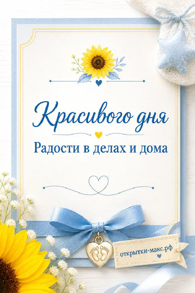 Открытка «Красивого дня» с жёлтыми подсолнухами, голубым пледом и плюшевым мишкой — вариант 6