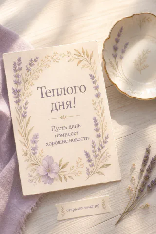 Открытка с акварельным лавандовым орнаментом, белой фарфоровой тарелкой на льняной ткани