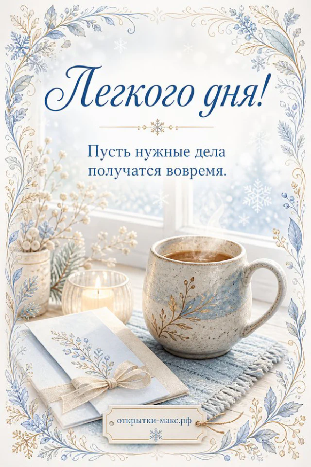 Голубая открытка лёгкого дня с чашкой чая, настольным календарём и свечой у заснеженного окна — вариант 3