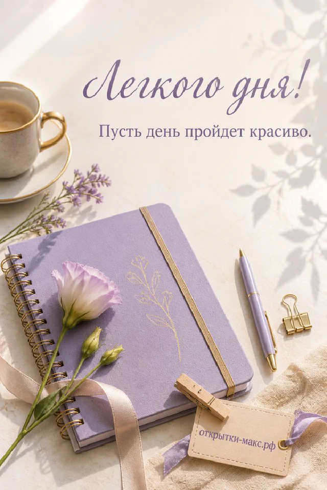 Кружка чая с блюдцем среди жёлтых кленовых листьев и вязаного плед, открытка с рябиной, надпись «Лёгкого дня» — вариант 3