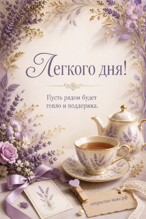 Фарфоровый чайник и чашка с лавандовым узором среди фиолетовых цветов с открыткой и лентой