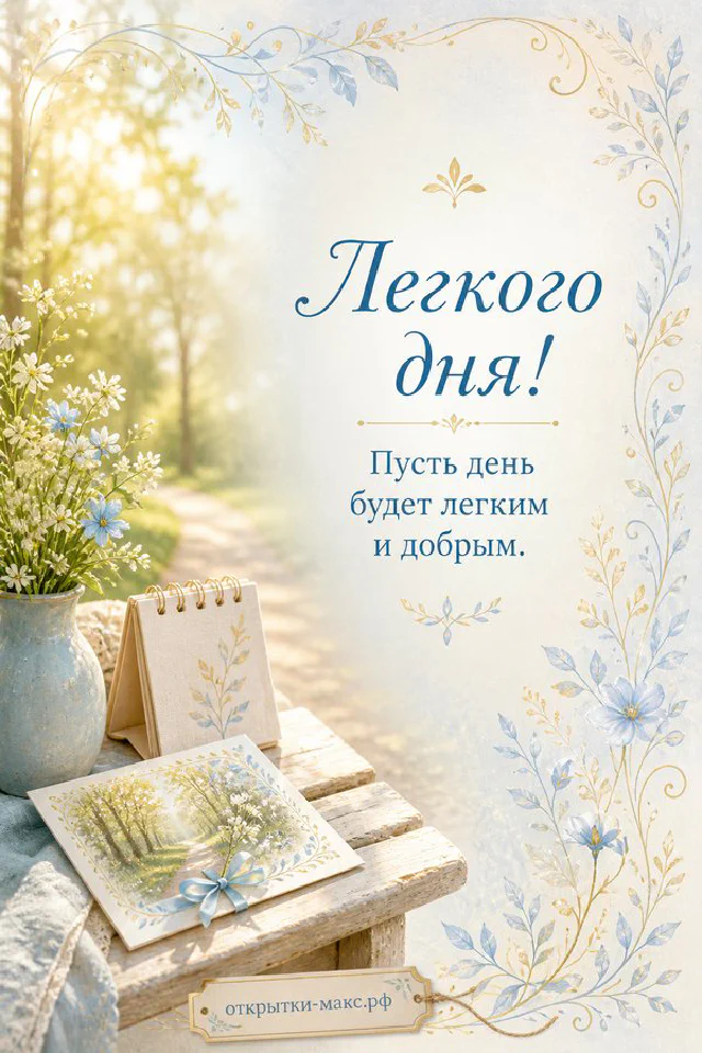 Белая деревянная скамейка с пледом и открыткой в цветущей весенней аллее — вариант 2