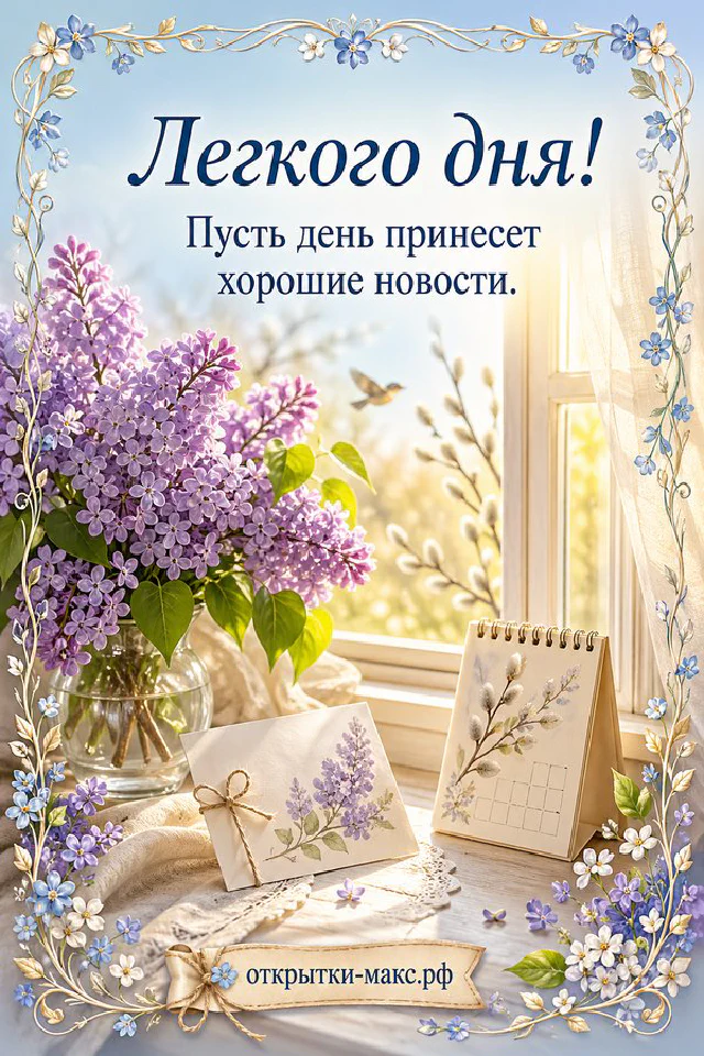 Букет сирени у светлого окна с настольным календарём и надписью Легкого дня — вариант 4