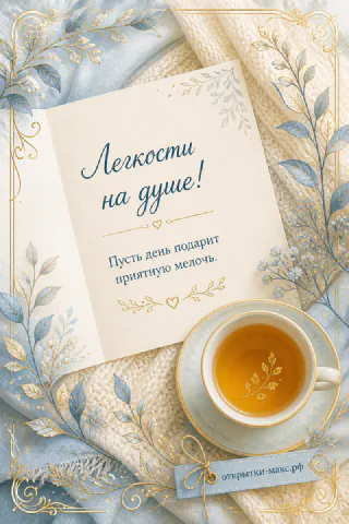 Карточка «Лёгкости на душе» с голубыми листьями лежит на вязаном пледе рядом с чашкой чая