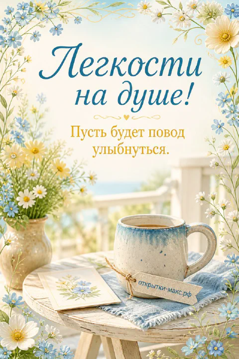 Кружка чая на деревянном столике среди ромашек и голубых цветов на фоне моря и светлого неба