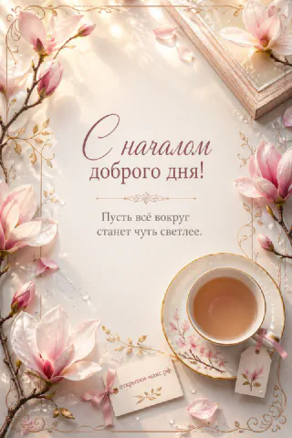 Фарфоровая чашка чая среди цветущих веток магнолии с надписью «С началом доброго дня» на нежном фоне