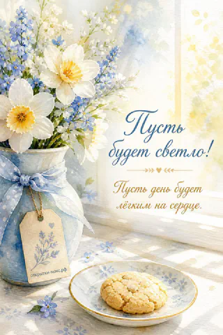 Ваза с белыми нарциссами и голубым бантом, рядом блюдце с печеньем у светлого окна
