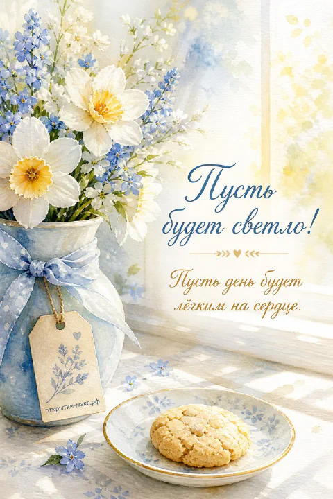 Ваза с белыми нарциссами и голубым бантом, рядом блюдце с печеньем у светлого окна