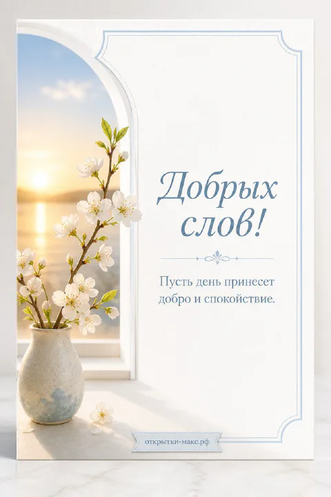 Белые цветущие ветки в белой вазе у арочного окна на фоне морского рассвета с надписью «Добрых слов»