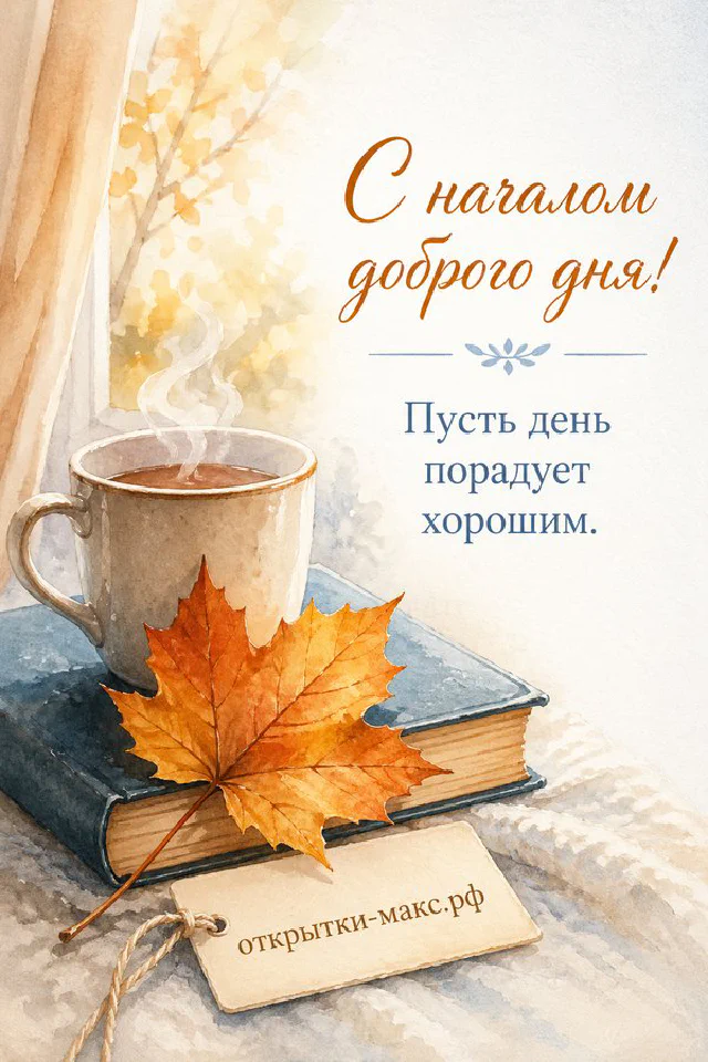 Акварельная открытка в рамке из осенних листьев, ягод и трав на фоне осеннего парка с фонарём — вариант 3
