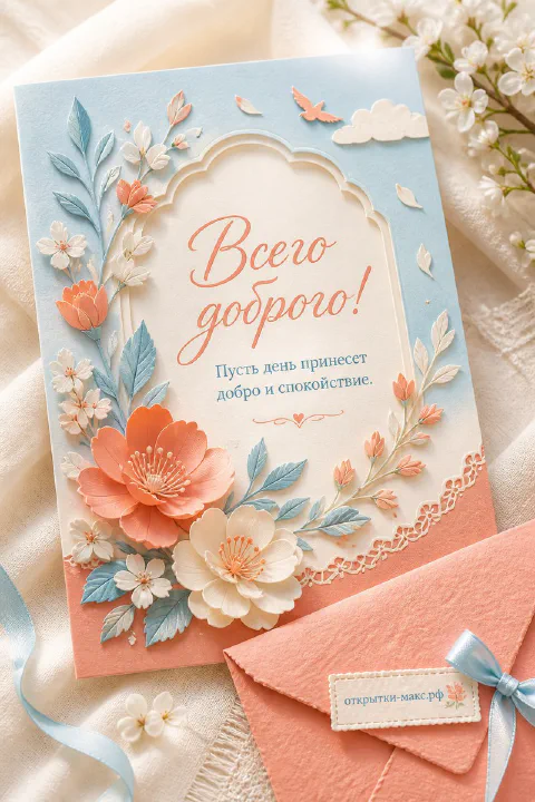 Открытая бумажная открытка с добрыми словами рядом с чашкой чая