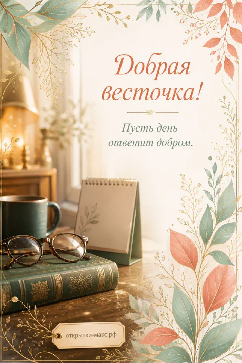Открытая бумажная открытка с добрыми словами рядом с чашкой чая