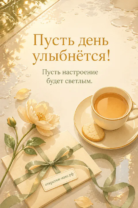 Открытая бумажная открытка с добрыми словами рядом с чашкой чая