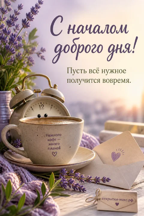 Открытая бумажная открытка с добрыми словами рядом с чашкой чая