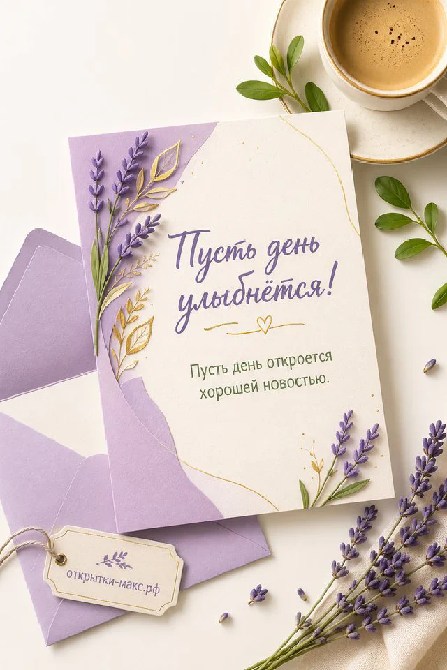 Лавандовая открытка с печеньем на тарелке и зелёной веточкой на фоне пастельного рассвета — вариант 2