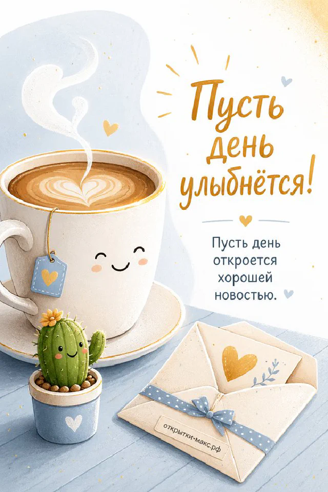 Лавандовая открытка с печеньем на тарелке и зелёной веточкой на фоне пастельного рассвета — вариант 3