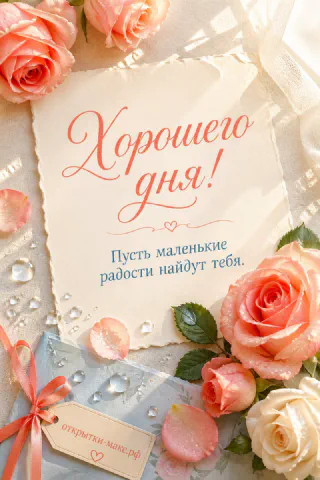 Открытка с персиковыми розами и голубым конвертом на светлом фоне с хрустальными каплями и лепестками