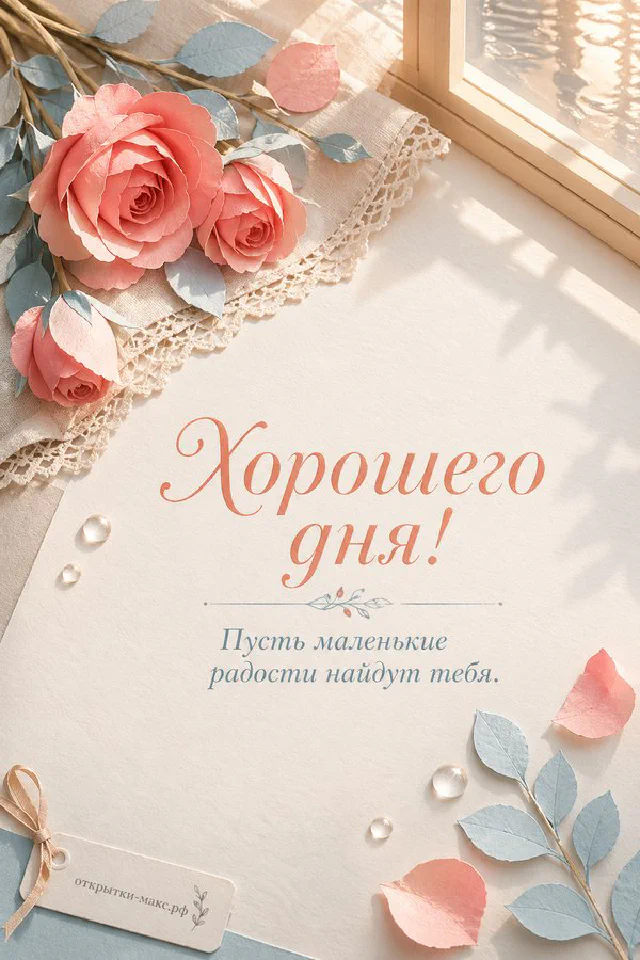 Открытка с персиковыми розами и голубым конвертом на светлом фоне с хрустальными каплями и лепестками — вариант 2