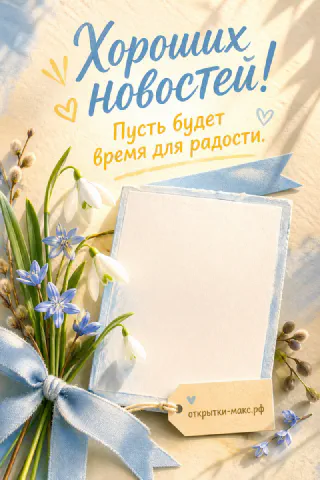 Весенний букет подснежников с синими пролесками и голубой лентой рядом с чистым листом бумаги, надпись «Хороших новостей!»