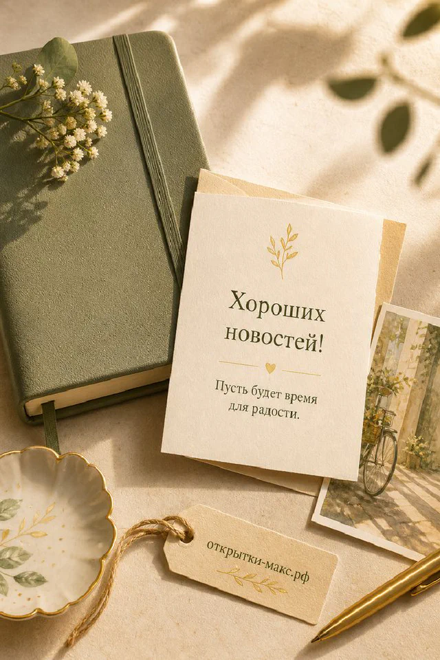Весенний букет подснежников с синими пролесками и голубой лентой рядом с чистым листом бумаги, надпись «Хороших новостей!» — вариант 3