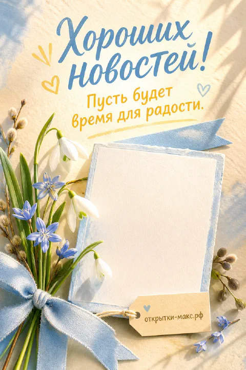 Весенний букет подснежников с синими пролесками и голубой лентой рядом с чистым листом бумаги, надпись «Хороших новостей!»