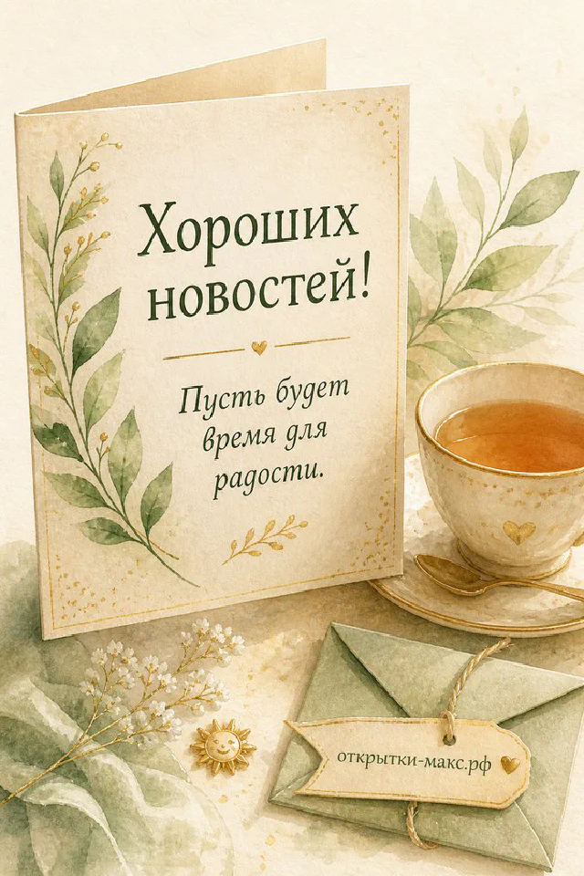Весенний букет подснежников с синими пролесками и голубой лентой рядом с чистым листом бумаги, надпись «Хороших новостей!» — вариант 2
