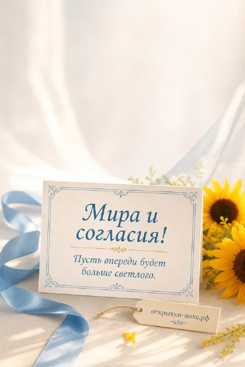 Карточка с надписью «Мира и согласия» на деревянной подставке с подсолнухами и голубой лентой рядом